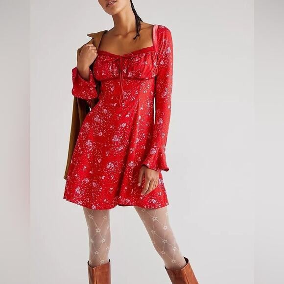 Free People Long Sleeve Mini Dress Red Size Small Boho Peasant - Picture 2 of 8